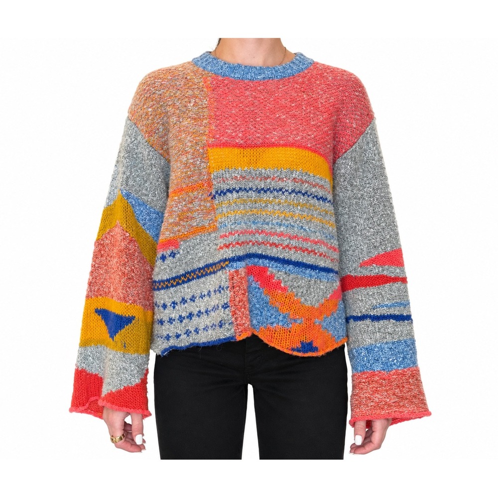 Colorful Patchwork Knit Crewneck Sweater With Bell Sleeves